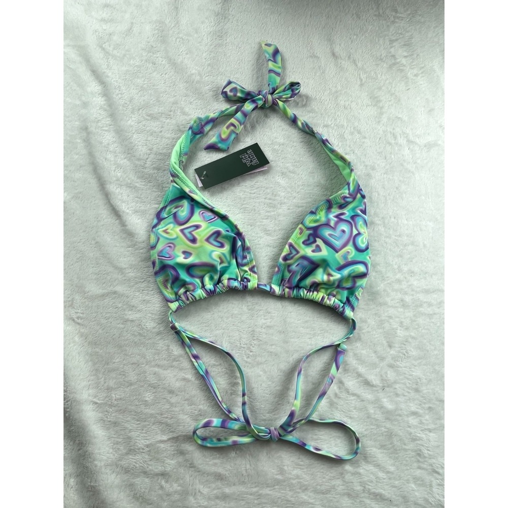 Wild Fable Triangle Bikini Top Womens S Blue Green Heart Print Lined Halter Neck